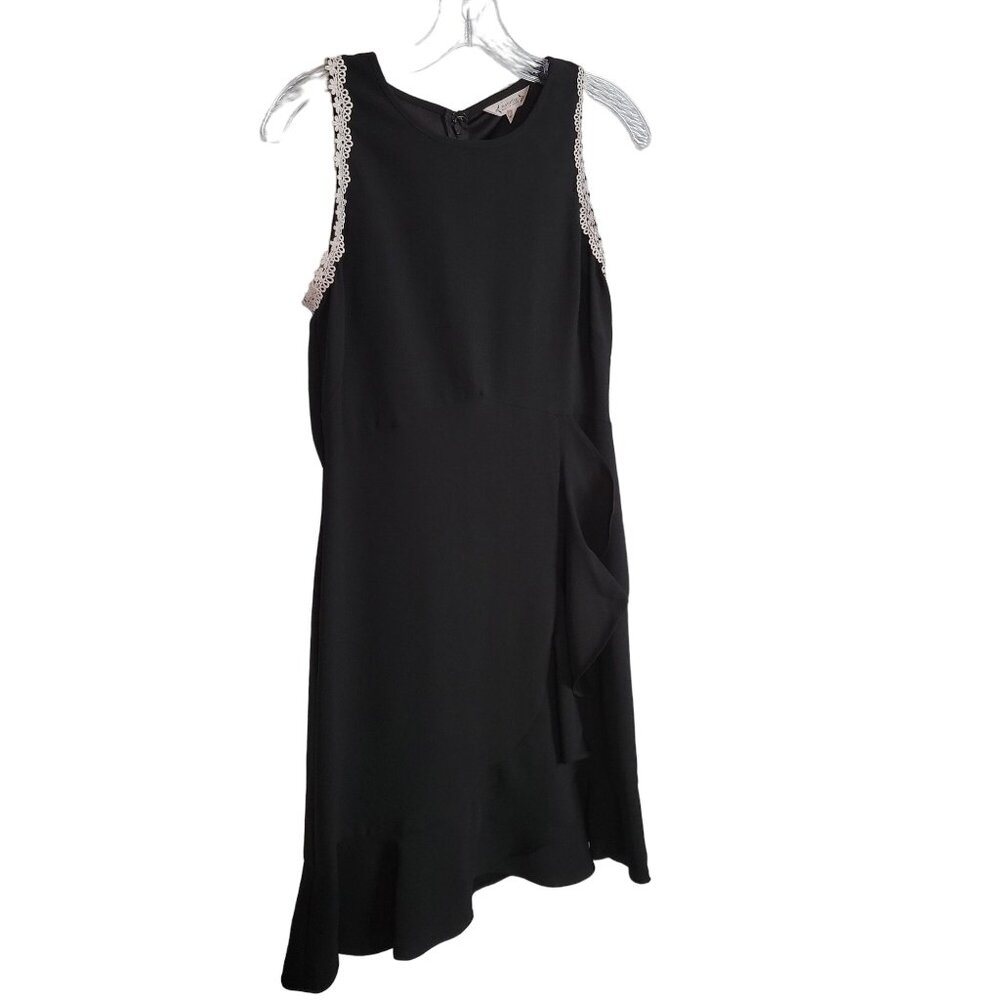 Nanette Lepore Sz 4 Dress Sleeveless Lace Trim Cascading Front Ruffle Flared Hem